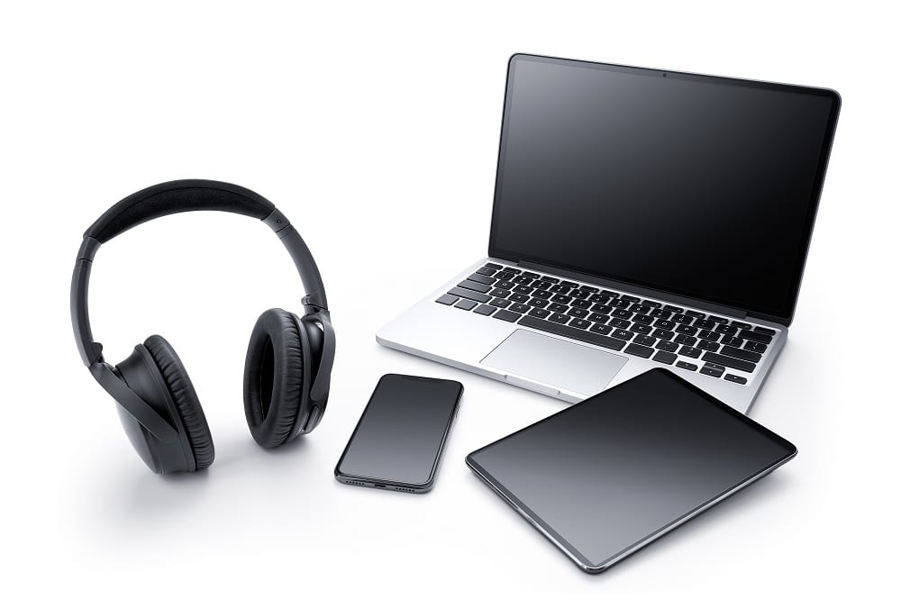 Laptop, tablet, smartphone and headphone